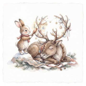 Watercolor illustration of a cute rabbit brushing a sleeping reindeer in a festive winter setting