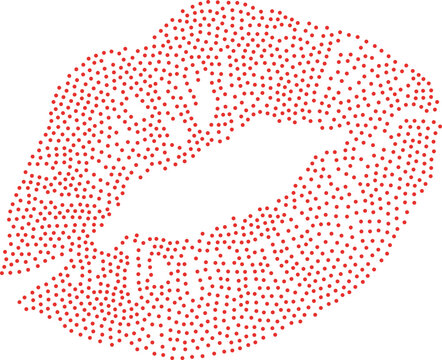  dotted lips vector illustration, abstract halftone kiss mark or rhinestone template isolated on white background.