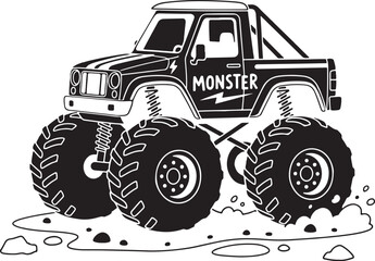 Black and white monster truck silhouette vector illustration, extreme off-road 4x4 pickup vehicle graphic design for t-shirt print. © Rayhan