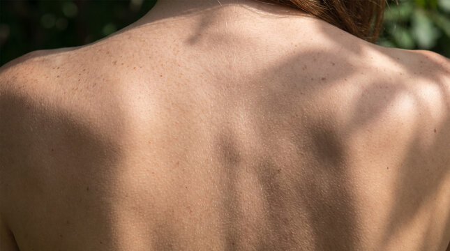 Close Up Shot of Sunlight and Leaf Shadows on Bare Upper Back of Woman