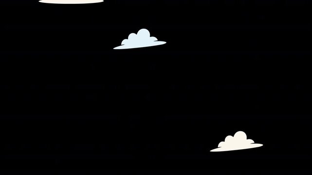 Cartoon fluffy clouds floating upward on a dark background. Free fall template animation, alpha channel. Cartoon