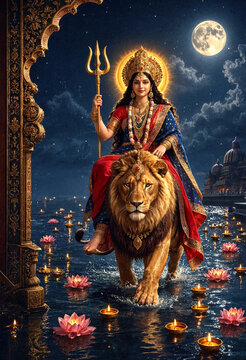 Goddess Riding Lion Across Illuminated Water With Floating Lotus Flowers
