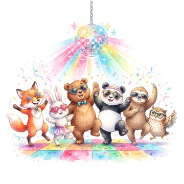 Group of cute forest animals dancing under a colorful disco ball on a white background