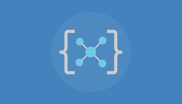 Programming and data connection icon with white curly brackets surrounding node network graph on blue background.