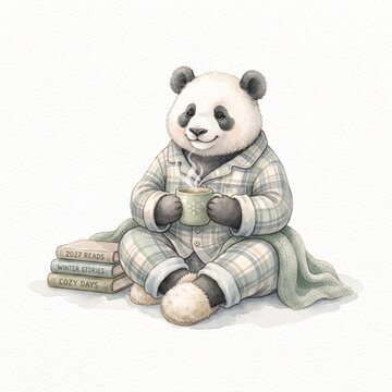 Cute panda wearing plaid pajamas holding a steaming mug while sitting next to a stack of books
