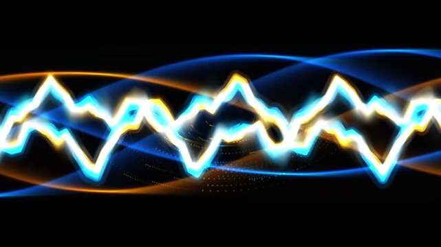 Electric blue lightning wave on black background, glowing energy frequency pulse, abstract digital audio waveform for music and technology