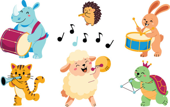 Cute animal band vector set with cartoon rhino, rabbit, sheep, and turtle playing musical instruments isolated on white background for kids design