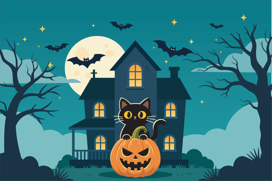Halloween haunted house with black cat on pumpkin, full moon, and bats in flat 2D style. Vector illustration for spooky night scene.