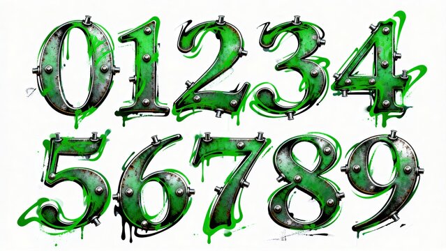 Numbers zero to nine metallic 3D digits, green spray paint graffiti rust rivet font on white background, art numerals set for poster and graphic design