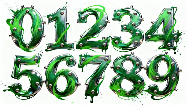 Numbers zero to nine metallic 3D digits, green spray paint graffiti rust rivet font on white background, art numerals set for poster and graphic design