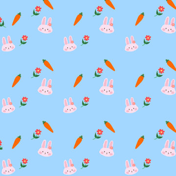 Cute seamless pattern featuring white rabbits, carrots, and flowers on a blue background.