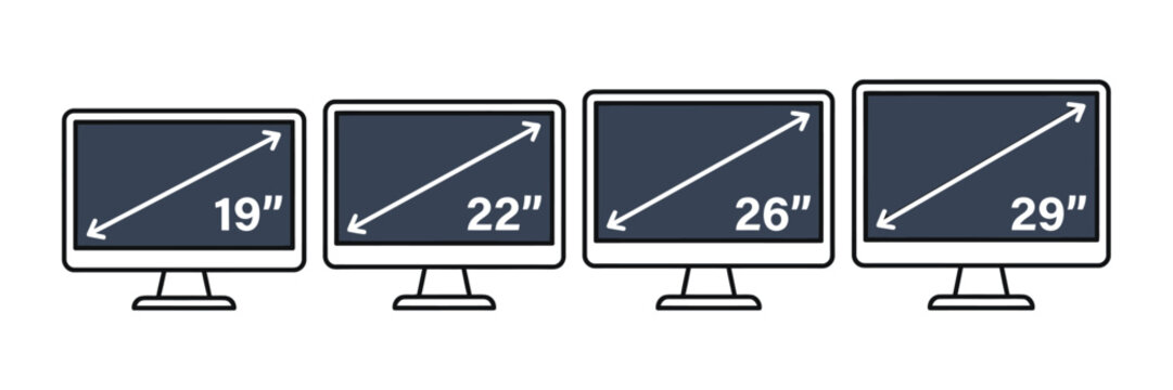 Monitor screen size comparison illustration. Computer display dimensions with 19, 22, 26, and 29 inch measurements, diagonal arrows, desktop technology, resolution, and display design concept.
