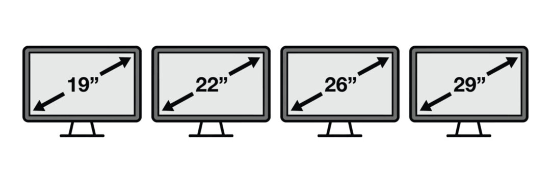 Monitor screen size comparison illustration. Computer display dimensions with 19, 22, 26, and 29 inch measurements, diagonal arrows, desktop technology, resolution, and display design concept.