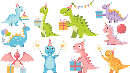 Cute birthday dinosaurs vector set with cartoon dino characters wearing party hats, holding gift boxes, cake, and balloons isolated on white background ©  AR Studio Company