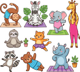 Fototapeta premium Cute cartoon animals doing yoga fitness exercises collection featuring monkey zebra elephant giraffe sloth cat raccoon bear and rhino practicing on mats vector illustration
