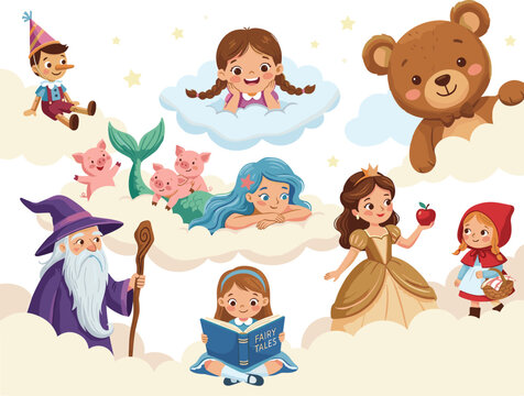 Cute cartoon fairy tale characters collection featuring a little girl reading storybook princess wizard mermaid teddy bear and pinocchio flying on clouds vector illustration