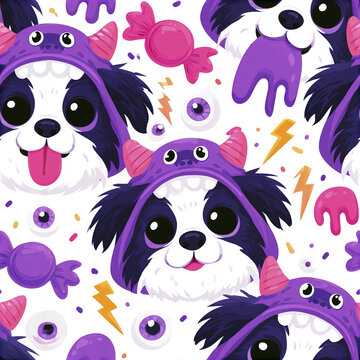 Playful dog faces wearing purple monster hood with candy and lightning elements in seamless pattern design