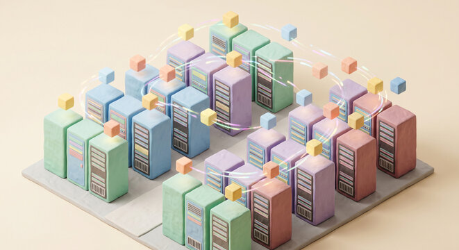 Isometric 3D server room with floating glowing data cubes - Trendy 3D isometric illustration_G1