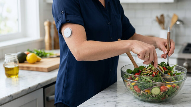 Woman wearing a glucose monitoring device on her arm mixes a fresh green salad in a glass bowl in her kitchen.