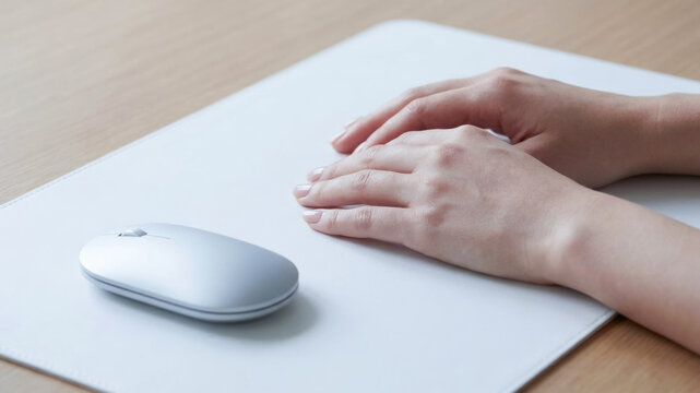 Ergonomic mouse and resting hand support mindfulness practice during quiet office work at wooden desk with calm focus and comfort