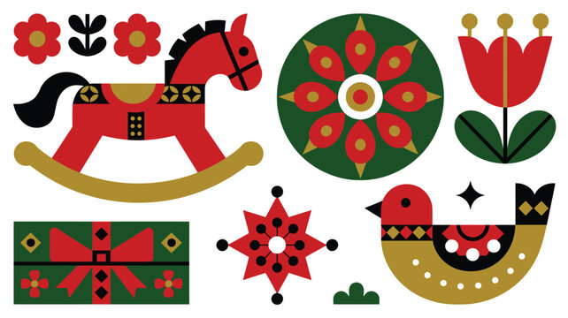 Scandinavian folk art set with dala horse, bird, floral patterns, and geometric ornaments in traditional red, green, and gold colors