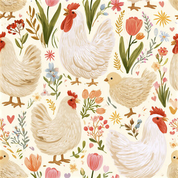 Playful spring chicken seamless pattern with white mother hen and fluffy chick surrounded by colorful flowers and leaves