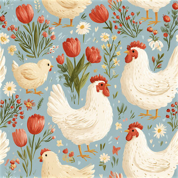 Playful spring chicken seamless pattern with white mother hen and red tulip flowers on blue background
