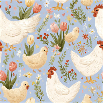 Playful spring chicken seamless pattern with white mother hen and yellow chicks among tulip and daisy flowers blue background