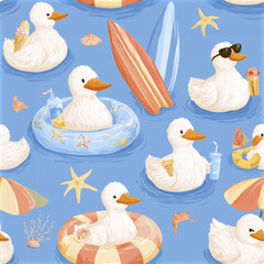 Obraz premium Pool party duckling seamless pattern with cute white ducklings floating on blue water with ice cream and surfboards