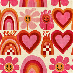 Fototapeta premium Retro hearts and smiling flowers pattern with warm pink and orange rainbows, creating cheerful and vibrant Valentine Day design