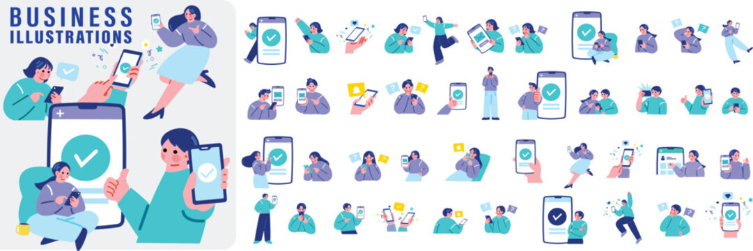 スマホを操作する人々のイラストセット
