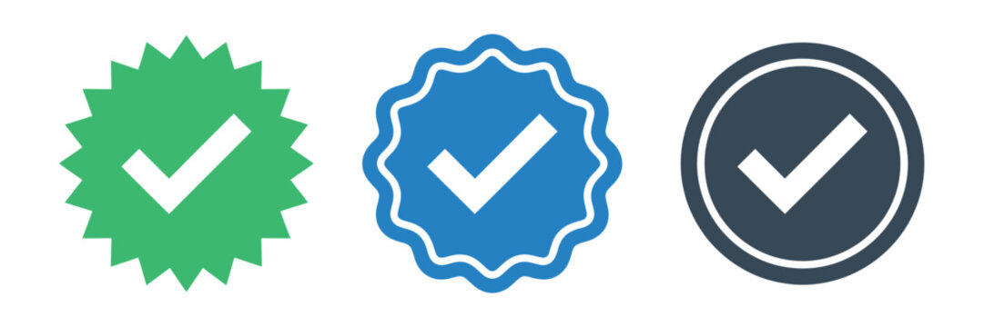 Whatsapp, Viber, Youtube, set verified profile badges. Blue check mark verified account icons. Account verification icon. Guaranteed safety person sign.