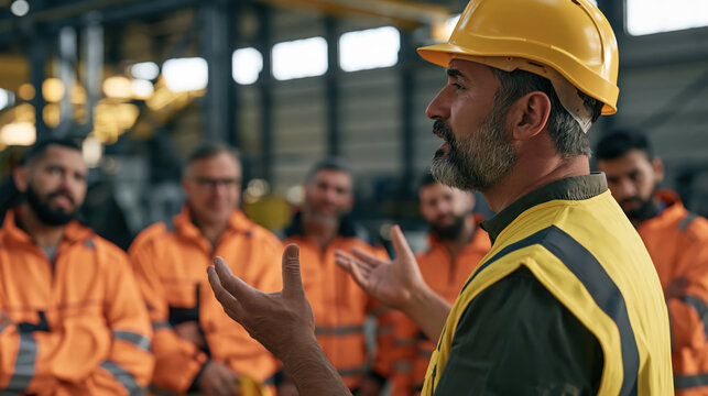 Supervisor leading workplace safety training with construction crew in industrial facility, using hand gestures to explain procedures and hazards