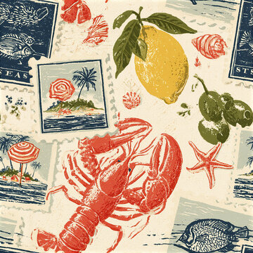 Retro seaside postage stamp pattern with lobster, lemon, starfish, seashells, and tropical island illustrations vintage style