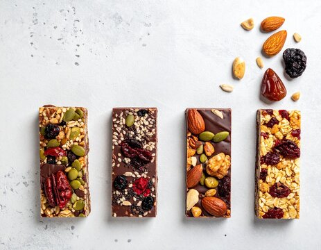 Variety of homemade energy bars with nuts, oats, dates, dark chocolate, dried berries, and seeds, neatly arranged on an empty background.
