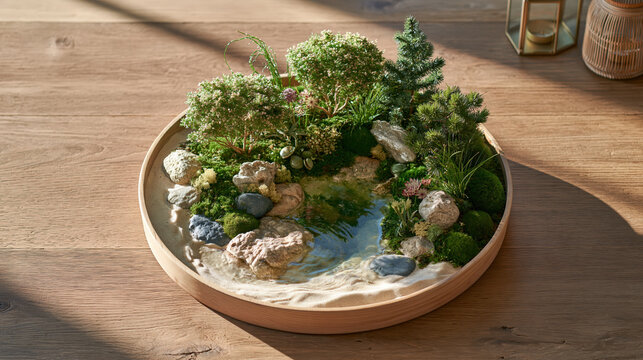 Top down view mini zen garden with sand, rocks, moss, plants, and small pond create serene natural display