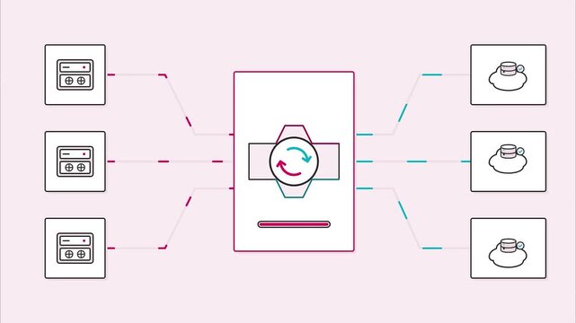 Cloud data synchronization and server backup management flat line art animation for technology infographic and digital storage systems presentation