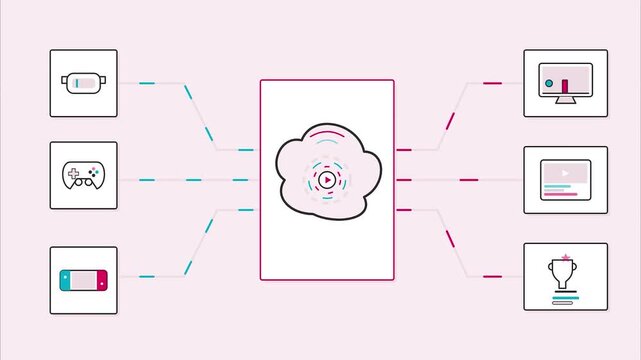 Cloud gaming network diagram infrastructure minimalist flat line art graphic illustration digital streaming technology presentation concept background
