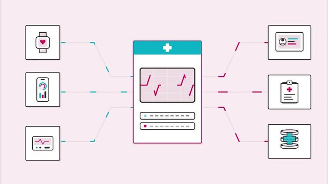 Healthcare data management system digital health monitoring infographic minimalist flat design medical software interface heart rate tracking dashboard