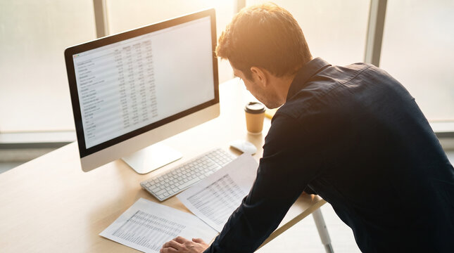 Man reviewing financial spreadsheets at modern desk