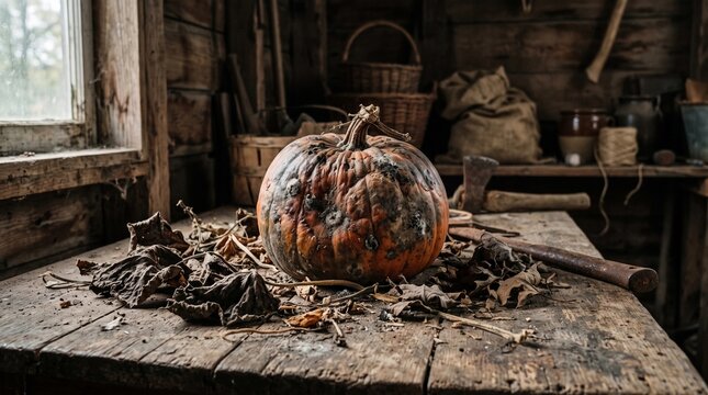 An old deteriorating pumpkin with dark discoloration and signs of decay resting on a rustic wooden floor surrounded by dried leaves.