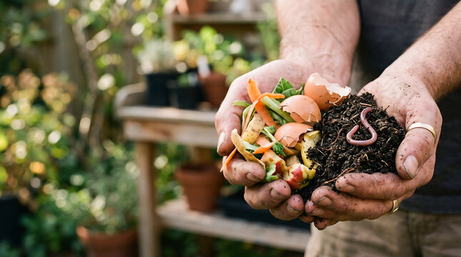 Hands holding rich organic soil with a worm, demonstrating the process of making Vermicompost for sustainable gardening and composting