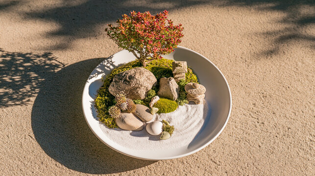 Top down view mini zen garden minimal serene display with sand, moss, stone, and flowering tree