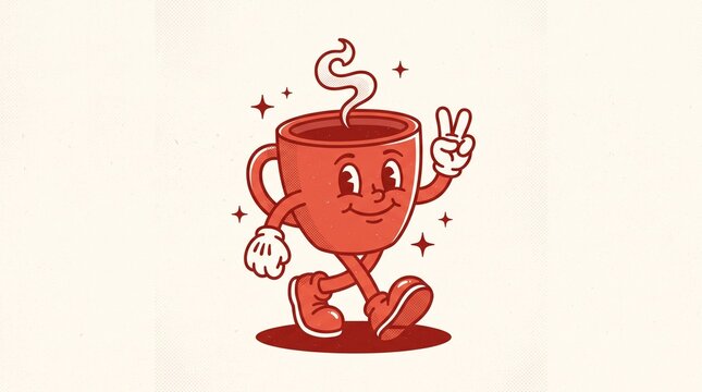 A charming retro cartoon vector illustration of a cheerful anthropomorphic coffee cup walking with a peace sign, steaming hot drink, and fun vintage rubberhose style.