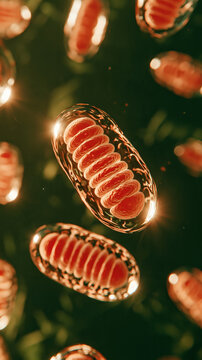 Mitochondrion cellular energy microscopic glowing red organelle biology