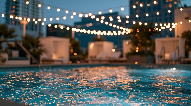 Luxury hotel swimming pool at night with glowing string lights isolated on transparent background. Perfect for travel leisure and summer party marketing concepts.
