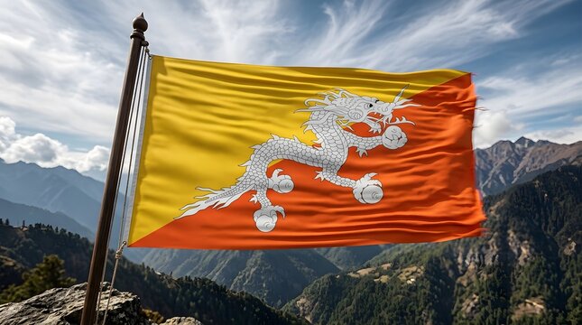 National flag of bhutan waving against a scenic mountain landscape background