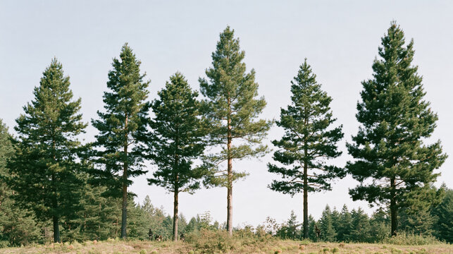 Pine tree evergreen forest woodland landscape nature tree line creates calm outdoor scene beneath pale sky and distant forest
