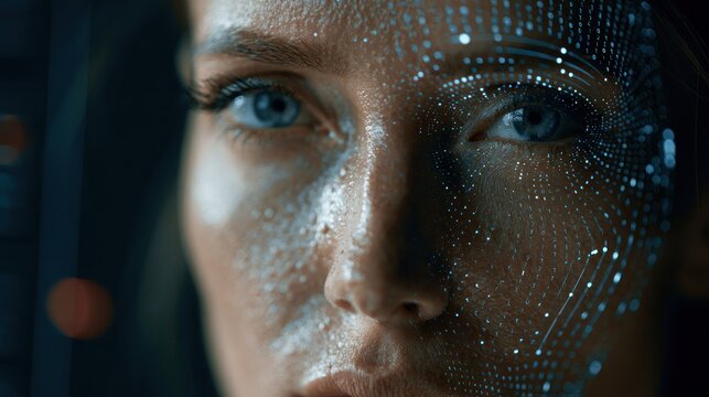 Close up of woman face with digital grid and binary code overlay