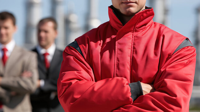 Industrial workforce concept with frontline worker in red protective jacket, crossed arms, and blurred business colleagues outdoors at worksite